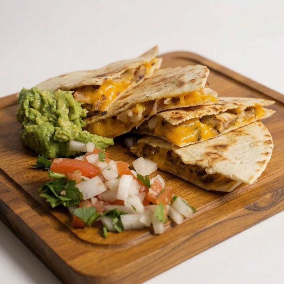 Chicken and cheese quesadillas with guacamole and pico de gallo on a wooden board.
