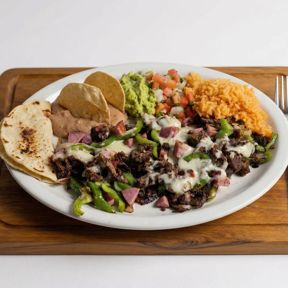 A white plate of fajitas with steak, peppers, and cheese, alongside rice, guacamole, pico de gallo, beans, and tortillas.