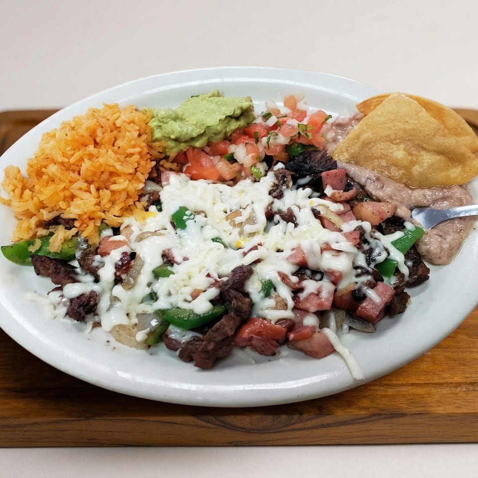 A white plate with steak, rice, beans, guacamole, pico de gallo, and tortillas.