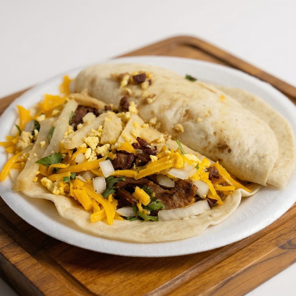 Two breakfast tacos on a white plate, one open with eggs, cheese, and meat, the other rolled.