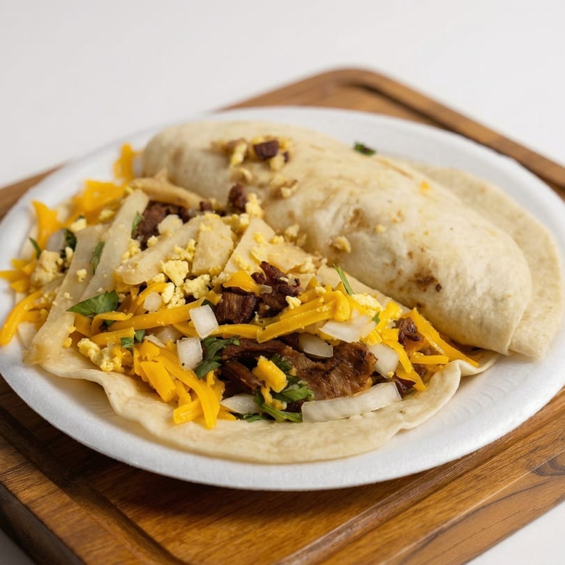 Two breakfast tacos on a white plate, one open with eggs, cheese, and meat, the other rolled.