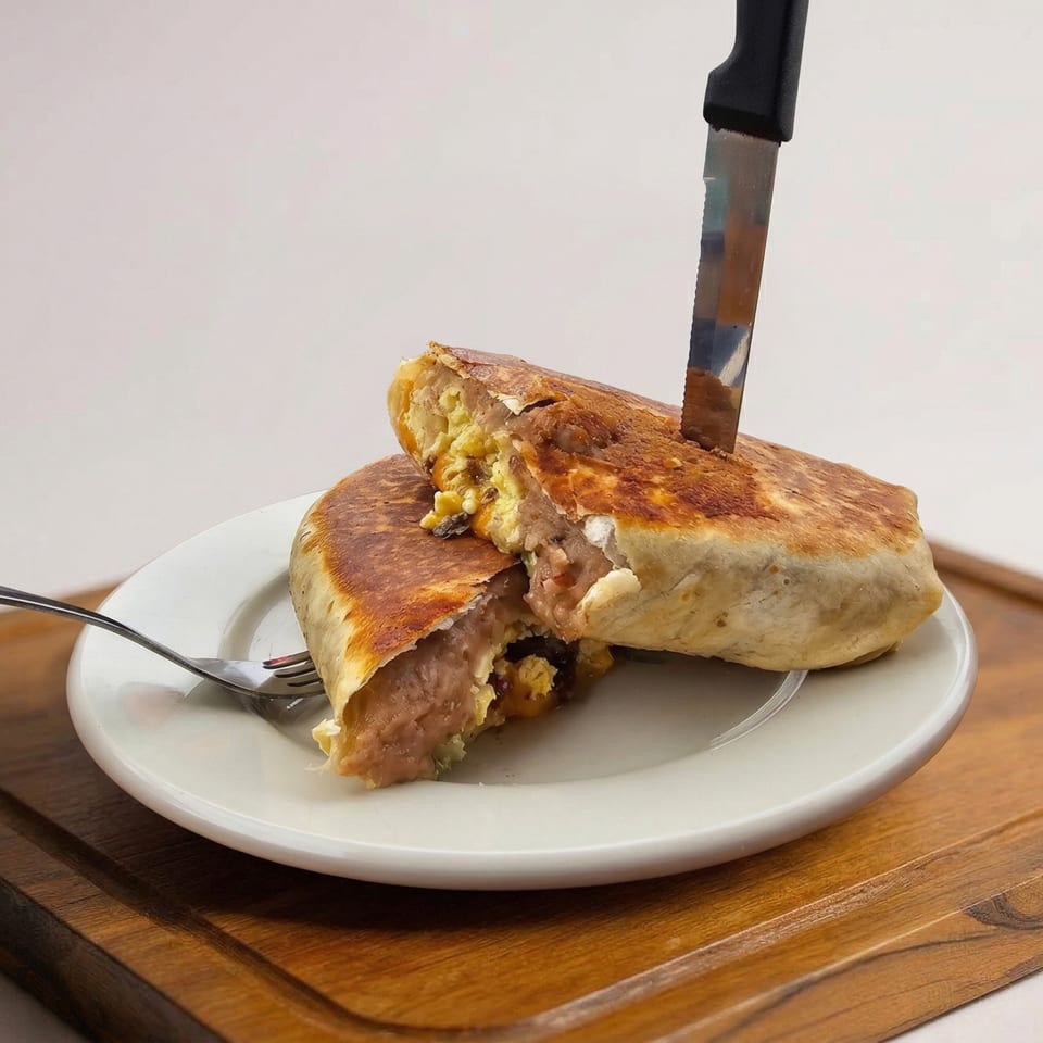 A large, golden-brown burrito, cut in half with a knife stuck in it, revealing a hearty filling.