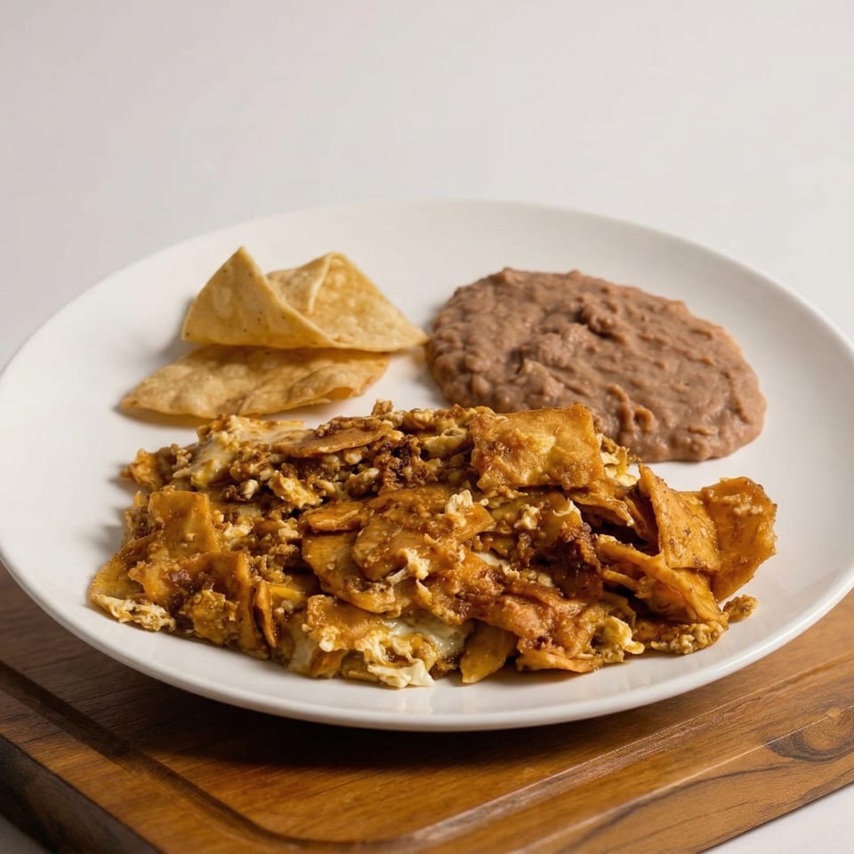 Chilaquiles with refried beans and tortilla chips on a white plate, on a wooden board.